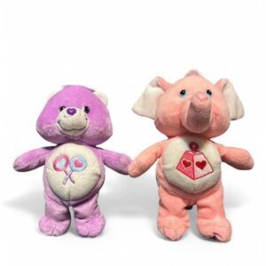 Care-bears Pink 2002 and Purple Stuffed-animals 2004,